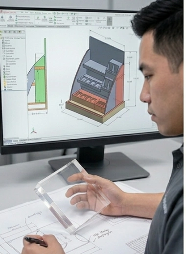 Professional engineering team designing custom acrylic displays and products from engineering drawings.