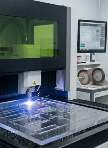 Advanced acrylic precision manufacturing including high-speed laser cutting and diamond polishing machines.