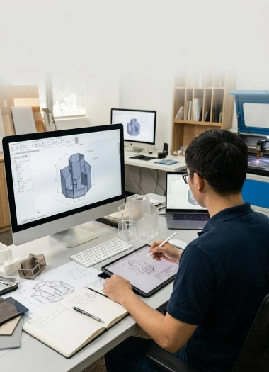 Professional engineering team designing custom acrylic displays and products from engineering drawings.