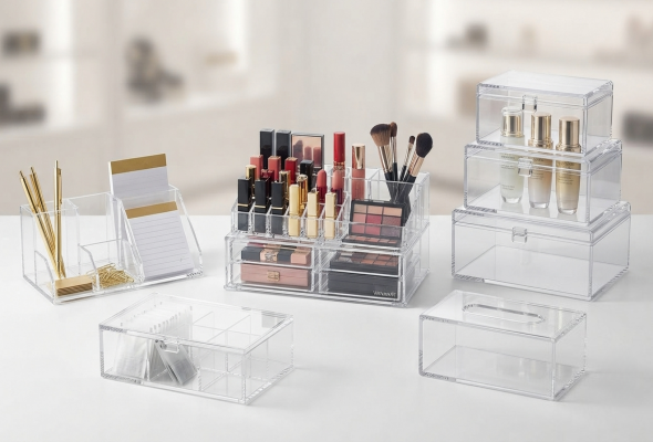 Collection of high-quality clear acrylic cosmetic organizers, makeup drawers, and jewelry boxes manufactured by Wanmart
