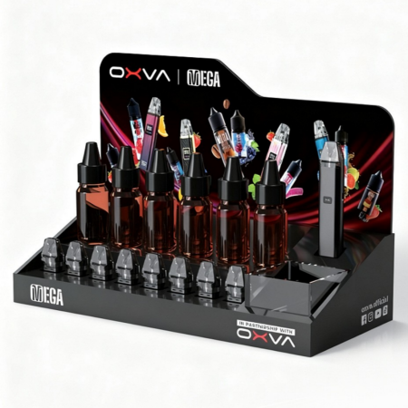 Custom black acrylic display stand for OXVA MEGA e-liquid bottles and vape pods
