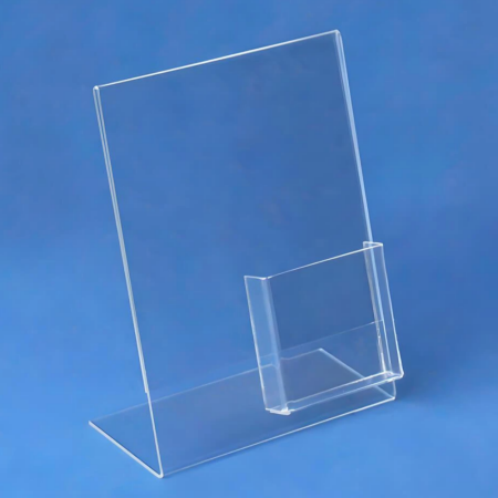 Clear acrylic slanted sign holder combined with an attached literature pocket for brochures or flyers