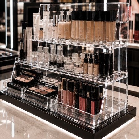 Multi-tier clear acrylic makeup display stand with tiered shelves holding cosmetics, foundations, and lipsticks