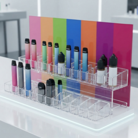 Modern clear acrylic vape and e-cigarette display stand featuring colorful vertical panels and transparent display slots