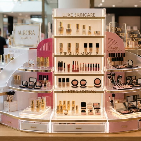 A complex multi-tiered acrylic cosmetics and skincare display stand with built-in lighting and branded signage in a retail store